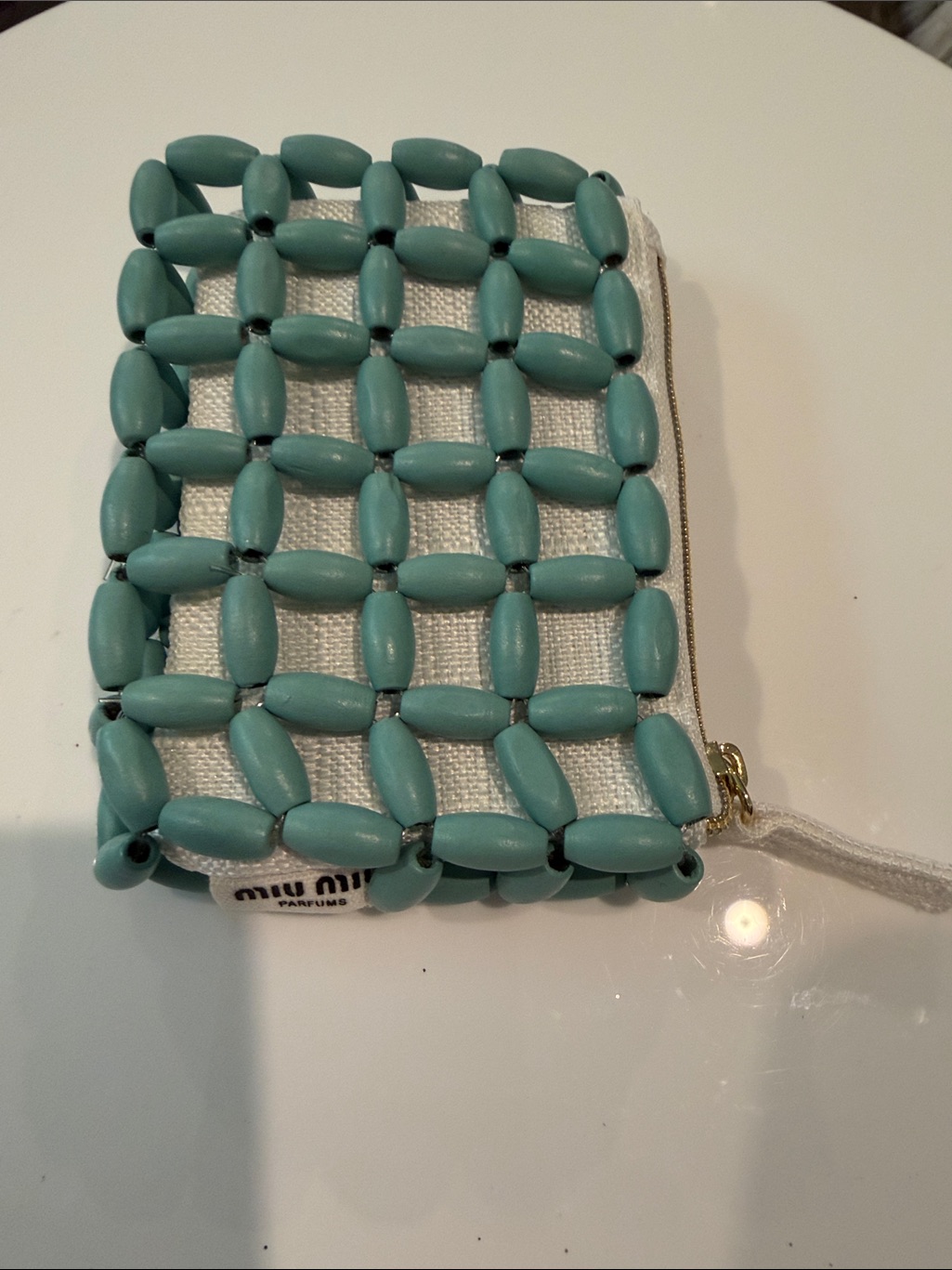 Miu Miu Teal Beaded Zip Pouch On Cream Base Brand New Aprox 55 X 4 Inch Gwp